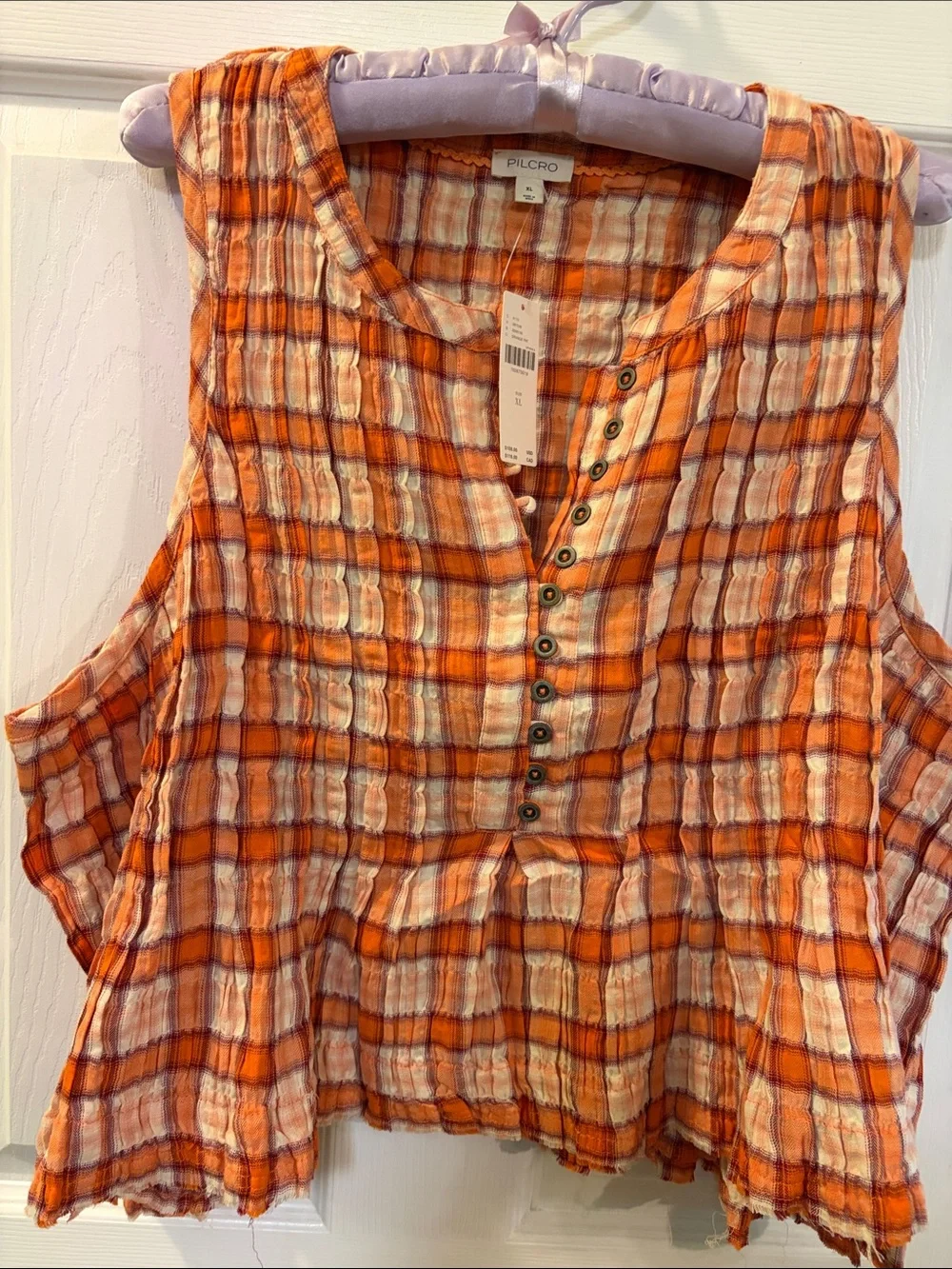 Pilcro Orange and Cream Plaid Sleeveless Button Henley Tank - Picture 1 of 4